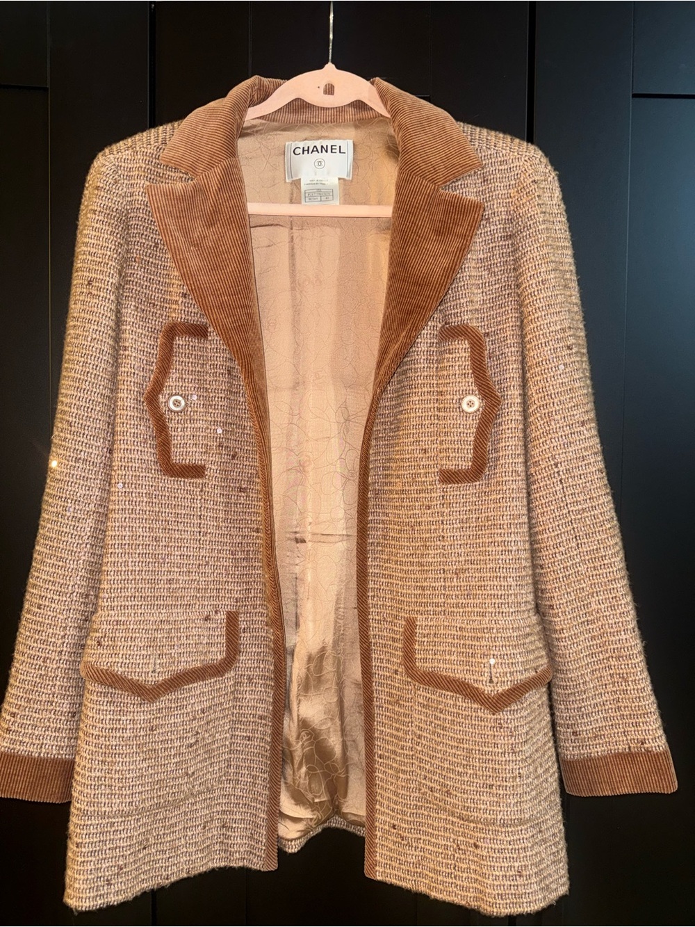 CHANEL Beige & Tan Tweed Jacket  with Corduroy Trim and matching pants SET